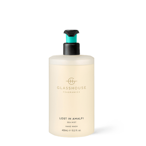 Glasshouse Fragrances - Lost In Amalfi 450ml Hand Wash SEA MIST Rosies Gifts Mosgiel, Dunedin Shea, apricot kernel oil & hydrating aloe, it cleanses & softens. Freesia, lavender, lime and moss evoke cool water & sea air. Top Notes: Freesia, Thyme & Tarragon Middle Notes: Lavender & Moss Base Notes: Musk and Patchouli