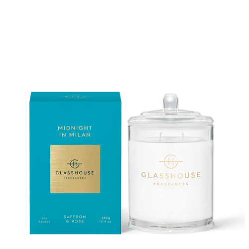 Glasshouse Fragrances Soy Candle 380g -MIDNIGHT IN MILAN, SAFFRON & ROSE Rosies Gifts, Mosgiel Dunedin. Sensual rose, buttery saffron and something you can’t put your finger on - striking moss. Top Notes: Saffron  Middle Notes: Rose Base Notes: Moss, Dry Amber, Musk