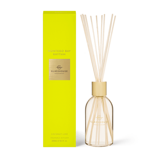 Glasshouse Fragrances Diffuser Montego Bay Rhythm - Rosie's Gifts Mosgiel COCONUT & LIME A clever flameless scent solution for uninterrupted ambience. Sweet ‘n’ sour, it’s a mouth-watering blend of zesty lime, coconut and boozy vanilla.