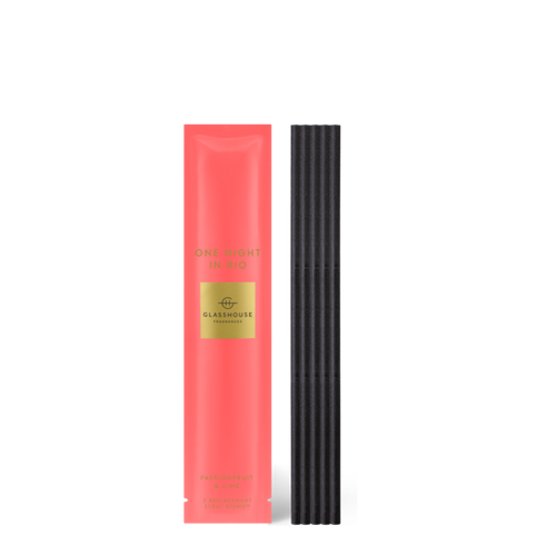Glasshouse Fragrances, One Night In Rio Scent Scene Replacement Sticks. Passionfruit & Lime. Rosies Gifts Mosgiel, Dunedin. Scent Scene refills. Passionfruit and lime are effervescent, like vibrant dancers. Melon keeps things sweet. Fragrances: Passionfruit and Lime, Raspberry and Orange, Rose and Melon