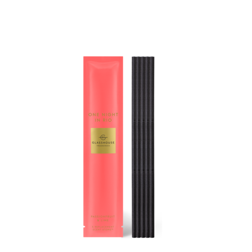 Glasshouse Fragrances, One Night In Rio Scent Scene Replacement Sticks. Passionfruit & Lime. Rosies Gifts Mosgiel, Dunedin. Scent Scene refills. Passionfruit and lime are effervescent, like vibrant dancers. Melon keeps things sweet. Fragrances: Passionfruit and Lime, Raspberry and Orange, Rose and Melon