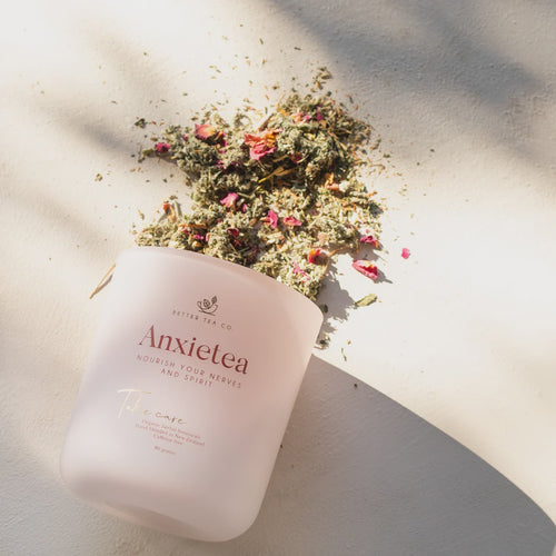 Anxietea - Glass Jar Lg Sink into a cushioned bed of calm with the soothing aroma of Anxietea. From a smooth first sip to final drop, you will feel centred by this well-balanced brew. Rosies Gifts, Mosgiel, Dunedin