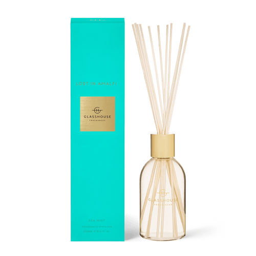 Glasshouse Fragrances - Lost in Amalfi, Rosies Mosgiel, Dunedin. SEA MIST 250mL Fragrance Diffuser Impressions of crystal clear water and zesty Limoncello come via freesia, lime and moss. Fragrance: Top Notes: Freesia, Thyme and Tarragon  Middle Notes: Lavender and Moss Base Notes: Musk and Patchouli 