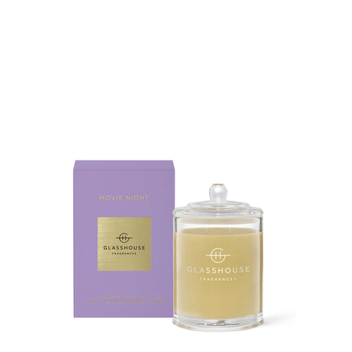 Glasshouse Fragrance - Movie Night 380g Candle CARAMEL POPCORN & CHOC TOPS 380g Triple Scented Soy Candle. aramelised popcorn, creamy vanilla ice cream & almond-topped waffle cones. Rosies Gifts & Homeware, Mosgiel, Dunedin for quality candle, diffuser and room fragrances.