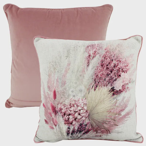 Velvet-like cushion, patterned on front with Blush coloured backing. Includes inner. Dimensions: 50x50cm. Rosies Gifts & Homeware, Mosgiel, Dunedin for a range of cushions, throw, blankets for your home.