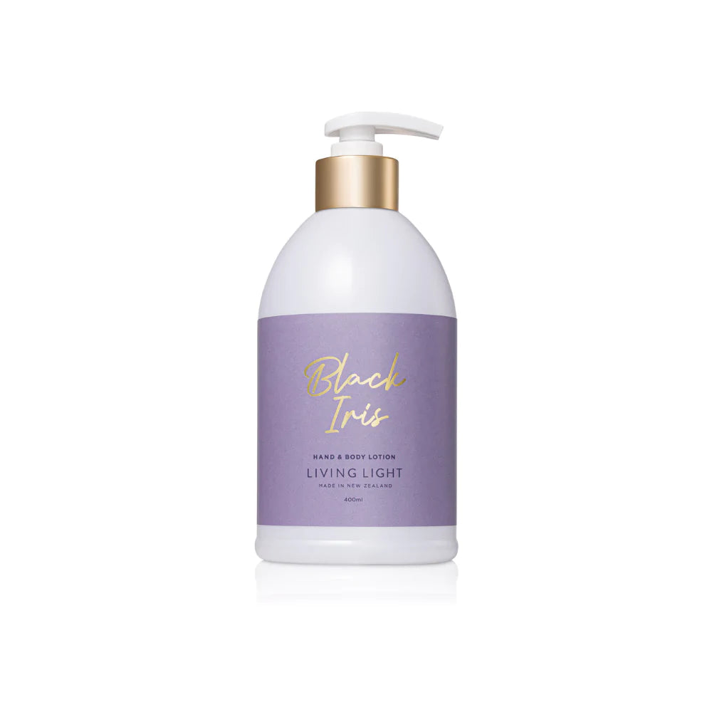 Living Light Hand and Body Lotion. Experience everyday luxury with our divinely fragranced, rich and nourishing Hand & Body lotion. Made in New Zealand. 400ml Available in Peony Rose, Wild Plum and Black Iris. Rosies Gifts, Mosgiel, Dunedin has quality body care, fragrances for Mother's Day, Birthday and more.