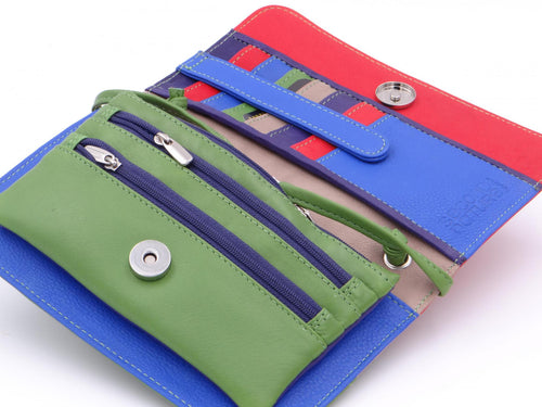 Soft Genuine Leather Small Multi Compartment Cross Body Bag Dome Flap Over Fastening Seven Secured Card Holder Slots Three Zip Coin Compartments Two Open Compartments, Multi coloured lining. Rosies Gifts & Homeware, Mosgiel, Dunedin for your leather needs.