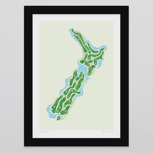 COURSE MAP A4 ART PRINT from Glenn Jones. High quality fine art print. The Perfect print for lovers of golf and New Zealand. Play the first 9 up and down the South Island then cross over the straight to finish the round. Rosies Gifts, Mosgiel, Dunedin