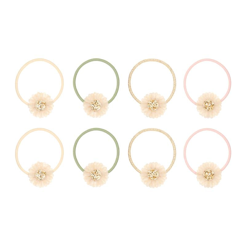 Daisy ponies / hair ties SPRING BUNNY Fresh as a daisy! The sweetest little cream daisies with shimmering gold glitter centres perched atop super stretchy but strong elastics. Rosies Gifts, Mosgiel, Dunedin for gifts for newborn, baby, child, and more.