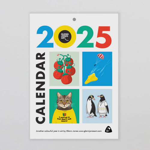 2025 Calendar (COMING SOON) A colourful year in art by Glenn Jones About This Product Stay organised in 2025 with this beautiful calendar featuring a selection of clever and colourful kiwiana art print designs on 12 individual A5 size cards, all by New Zealand artist Glenn Jones. Rosies Gifts, Mosgiel, Dunedin