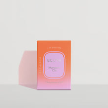 A box of Ecoya Car Diffuser Refill in Mandarin Gin fragrance, with a pink and orange color scheme.