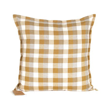 Double Check Cushion Yellow Sunset 50x50cm Upgrade your home's style and comfort with the Raine & Humble Double Weave Cushion. Thoughtfully crafted from eco-conscious recycled fabric, showcasing a tasteful woven check pattern in elegant taupe, crisp ivory, and the warm hues of Yellow Sunset.