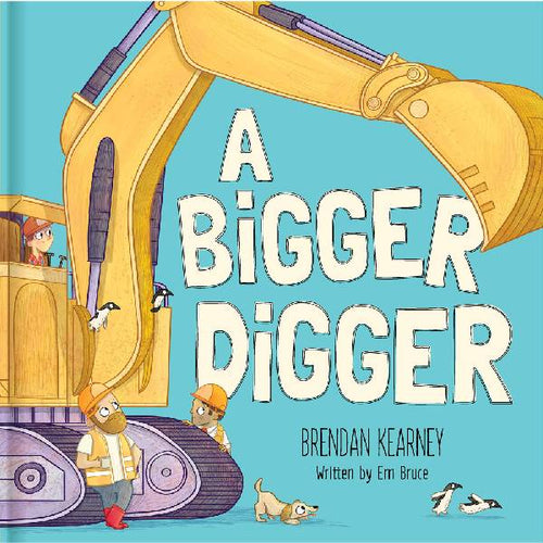 Book cover of 'A Bigger Digger' with a cartoon excavator and characters on a blue background.