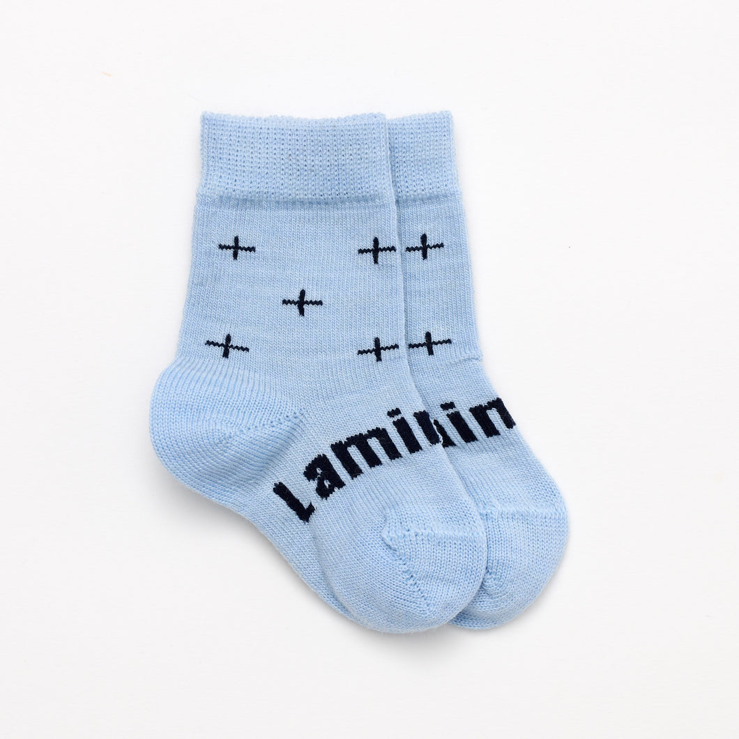 Merino Wool Crew Socks | BABY | Pilot Lamington Socks Pilot - Blue with dark blue crosses merino wool crew socks for babies New Zealand Made