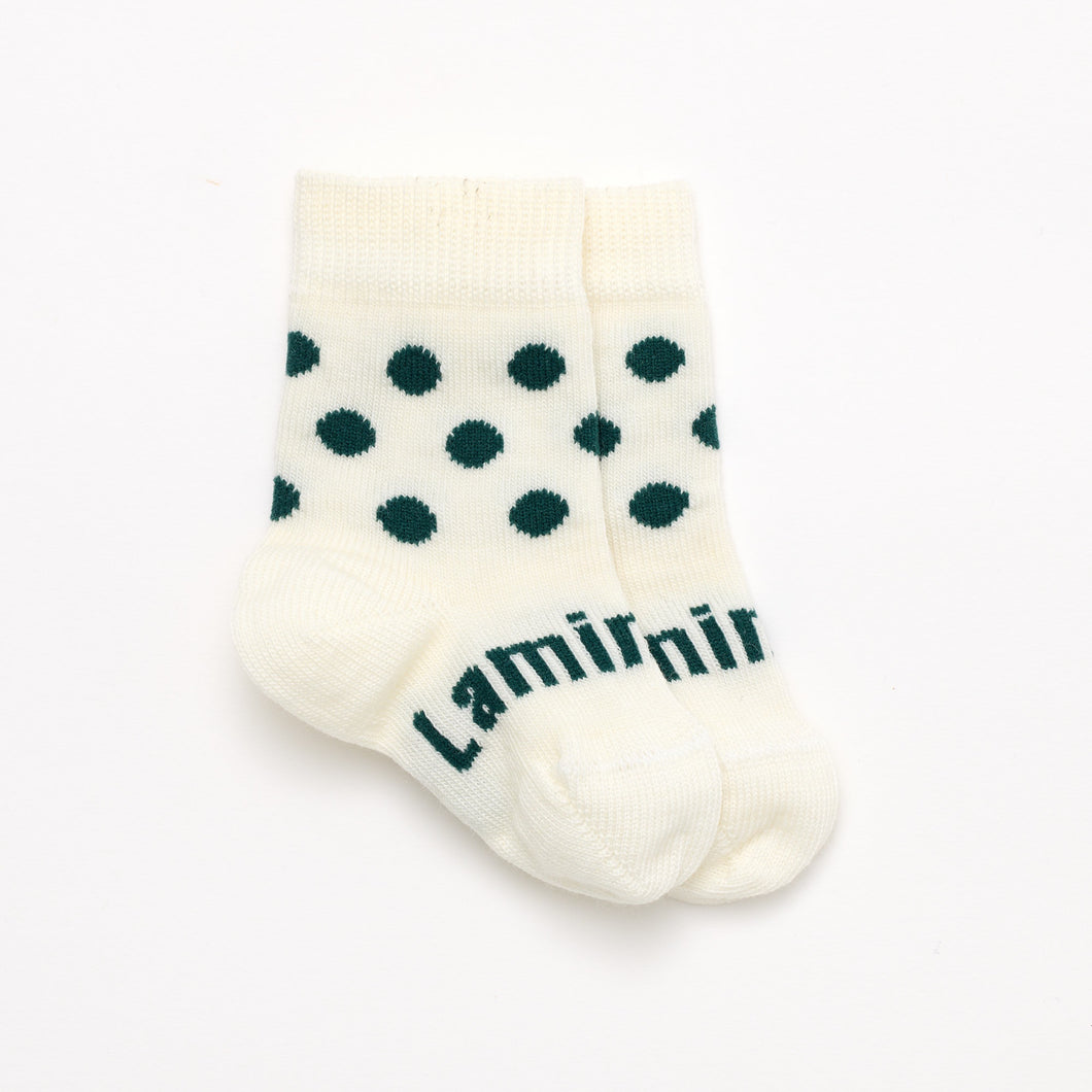 Merino Wool Crew Socks | BABY | Vera Lamington Socks Vera - Natural with Green Spots merino wool crew socks for babies.