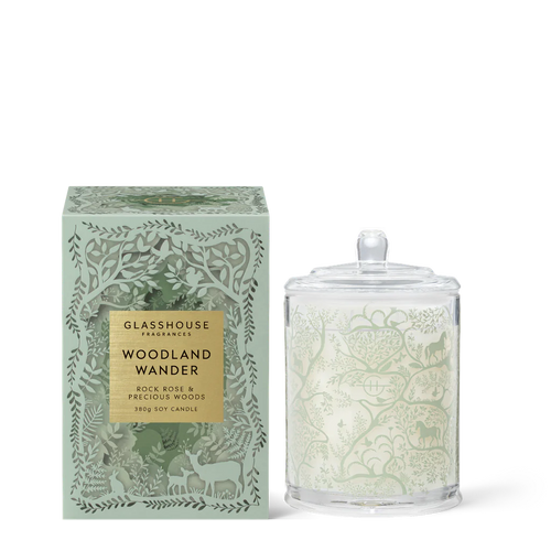 Woodland Wander 380g Soy Candle by Glasshouse Fragrances ROCK ROSE & PRECIOUS WOODS. FRAGRANCE Top Notes: Cloves, Ginger, Nutmeg Middle Notes: Rosewood, Sandalwood, Patchouli, Leather, Violet Base Notes: Ambergris, Cedarwood, Labdanum, Musk. Rosies Gifts, Mosgiel, Dunedin