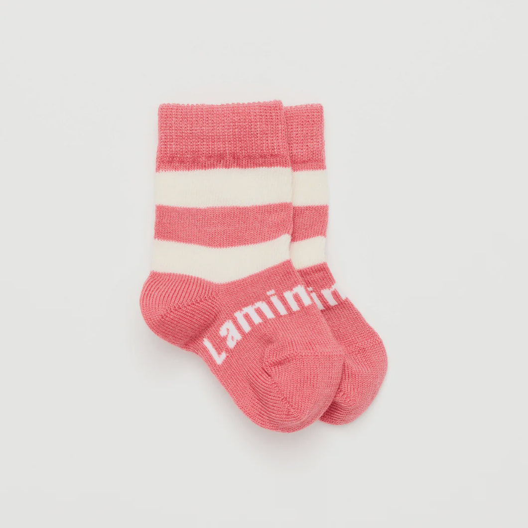 Merino Wool Crew Socks | BABY | Candy Lamington Socks Candy - Pink + Natural striped merino wool crew socks for babies. New Zealand Made