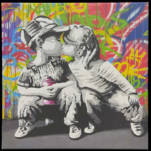 Art Print Banksy Canvas Graffiti Sitting/Kissing Print of Banksy Kids Sitting/Kissing. Stretched Canvas 30cm x 30cm over a wooden frame, great value for money. Rosies Gifts, Mosgiel, Dunedin for wall art canvas and glass options.