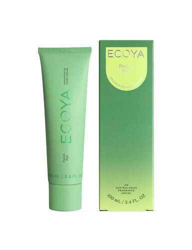 Ecoya French Pear Hand Cream. The essence of a crisp, tree-ripened Queensland pear is captured and blended with a hint of the creamiest vanilla and infused with clove for a rich, sophisticated scent. Rosies Gifts & Homeware for quality home & body fragrances.