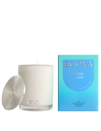 Ecoya Madison Candle - Lotus Flower - Rosie's Gifts and Homeware. Natural soy wax is blended with ECOYA's signature fragrances and poured into an elegant and refined glass jar to provide a delicately scented burn for up to 80 hours. Rosies Gifts, Mosgiel, Dunedin.