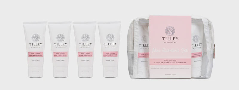 Tilley skincare products including bottles and a pouch on a white background