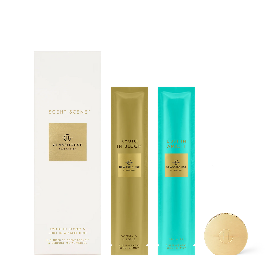 Glasshouse Fragrance Scent Scene Duo - Kyoto in Bloom & Lost in Amalfi. Scent Scene™ - Rosies Gifts Mosgiel, Dunedin An innovative (and incredibly potent) liquid-less diffuser. This set features two scents, one evoking the Mediterranean sea and the other, Japan in spring.