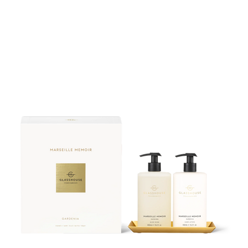 MARSEILLE MEMOIR Hand Care Duo By Glasshouse Fragrances Formulated with Shea, Apricot Kernel Oil and Hydrating Aloe, it cleanses and softens. Gardenia, Neroli and breezy Apple blossom capture the Cote d’Azur grandeur. Rosies Gifts, Mosgiel, Dunedin