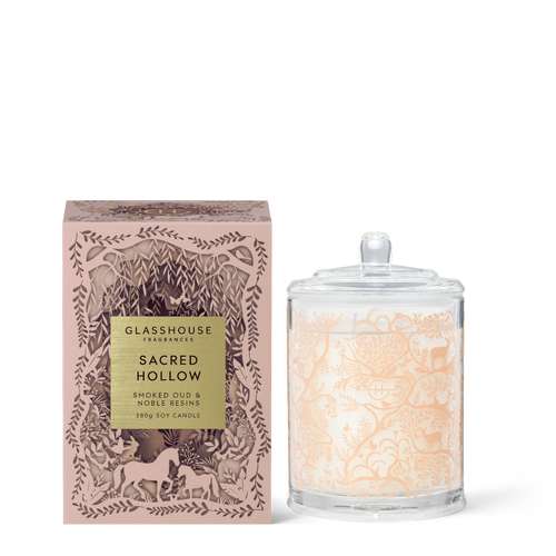 Smoked Oud &  Noble Resins by Glasshouse Fragrances SACRED HOLLOW 380g SOY CANDLE. FRAGRANCE Top: Frankincense, Pinecones, Cinnamon, Leaf Spice Middle: Tonka Bean, Fir Balsam, Leather Base: Smoky Vetiver, Cypress, Guaiac Wood, Oud. Rosies Gifts, Mosgiel, Dunedin