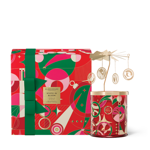 Kyoto In Bloom Spinning Carousel by Glasshouse Fragrances Camellia & Lotus Soy Candle & Spinning Carousel In celebration of the season, this Kyoto in Bloom candle and spinning carousel twirls with delight. Contains: 1 x Kyoto in Bloom 380g Soy Candle & 1 x Spinning Carousel.