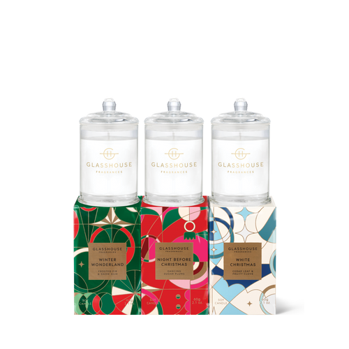 Christmas Trio by Glasshouse Fragrances Assorted Fragrances 3 x 60g Triple Scented Soy Candle. Fragrance Winter Wonderland: Frosted Fir & Snow GumNight Before Christmas: Dancing Sugar PlumsWhite Christmas: Cedar Leaf & Fruity Clove Contains: