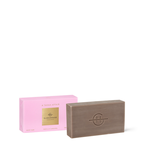 Glasshouse Fragrances, A TAHAA AFFAIR VANILLA CARAMEL 180g Body Bar French triple-milled for a luxurious lather and infused with almond oil and vitamin E. Caramel, vanilla and pineapple will transport you to paradise. Rosies Gifts, Mosgiel, Dunedin