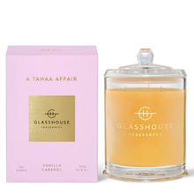 Glasshouse Fragrance's A Tahaa Affair VANILLA CARAMEL 760g Triple Scented Soy Candle. Rosies Mosgiel, Dunedin.  Ambrosial with heavenly caramel and coconut, it’ll transport you to the beaches of Tahaa. Top Notes: Pineapple Middle Notes: Coconut Fruity Base Notes: Caramel and Vanilla