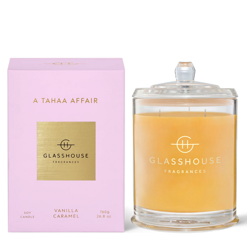 Glasshouse Fragrance's A Tahaa Affair VANILLA CARAMEL 760g Triple Scented Soy Candle. Rosies Mosgiel, Dunedin.  Ambrosial with heavenly caramel and coconut, it’ll transport you to the beaches of Tahaa. Top Notes: Pineapple Middle Notes: Coconut Fruity Base Notes: Caramel and Vanilla