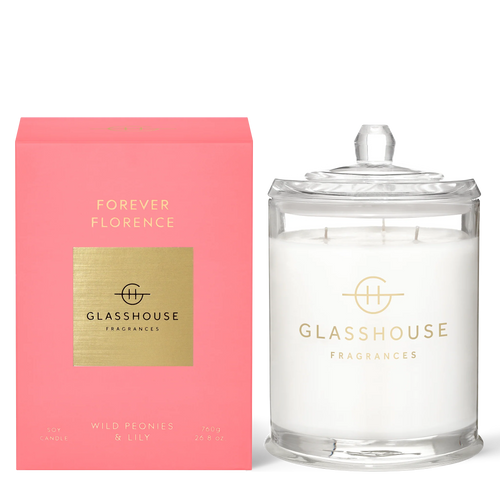 Glasshouse Fragrance - Forever Florence WILD PEONIES & LILY 760g Triple Scented Soy Candle For the true aficionado, this is a striking scent-cessory. Rosies Gifts & Homeware, Mosgiel, Dunedin for quality fragrances, gifts for your home, Mother's Day, Birthday, Anniversary and more.