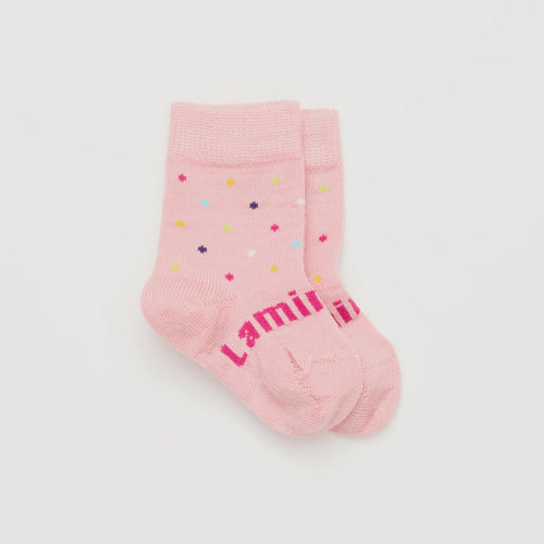 Merino Wool Crew Socks | BABY | Hundreds & Thousands Lamington Socks Hundreds + Thousands -Pink with sprinkles of colourfor babies. New Zealand Made