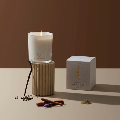 Awaroa Soy Candle Large by Living Light The Fragrance ~ Evocative harmonies of amber, cedarwood, cinnamon and burnt vanilla, reminiscent of good times around a beachside fire. Rosies Gifts, Mosgiel, Dunedin for candles, diffusers, home fragrances.