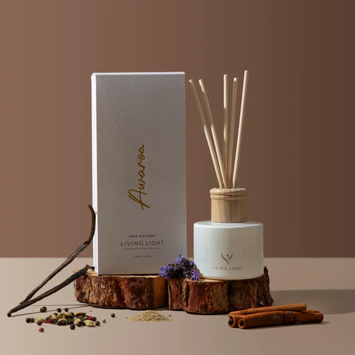 Awaroa Reed Diffuser by Living Light The Fragrance ~ Evocative harmonies of amber, cedarwood, cinnamon and burnt vanilla, reminiscent of good times around a beachside fire. Rosies Gifts, Mosgiel, Dunedin for Diffusers, candles and home fragrances.