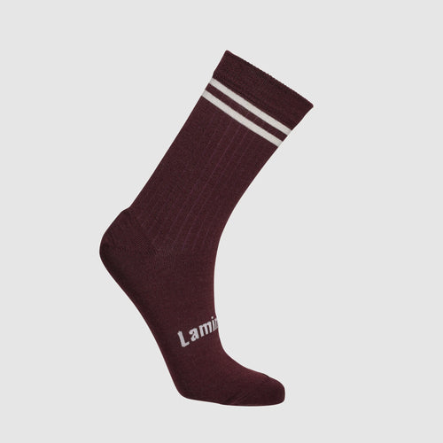 Merino Wool Crew Socks | Laneway Collection | Maroon Lamington Socks Laneway Maroon with 2 stripes merino wool ribbed crew socks for Women. New Zealand Made