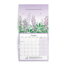 A hanging wall calendar page with a lavender watercolor floral illustration and a January calendar grid below, shown against a plain white background.