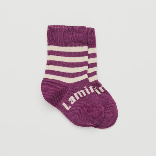 Merino Wool Crew Socks | BABY | Plum Lamington Socks Plum -Purple and Oatmeal striped merino wool crew socks for babies. New Zealand Made