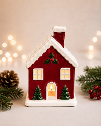 A red Christmas gingerbread house ceramic candle holder with a lit candle inside, surrounded by festive pine branches, a pinecone, and warm bokeh string lights in the background.