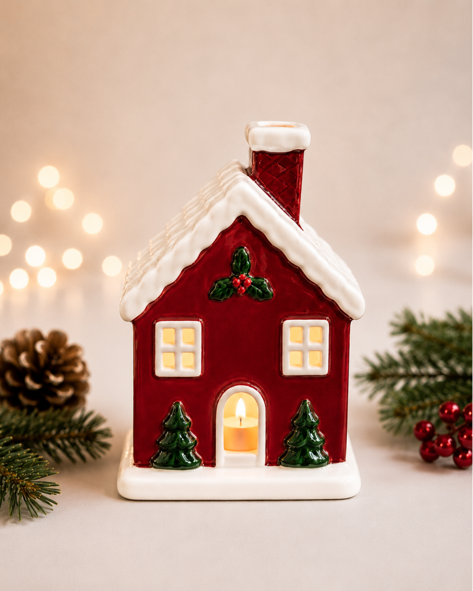 A red Christmas gingerbread house ceramic candle holder with a lit candle inside, surrounded by festive pine branches, a pinecone, and warm bokeh string lights in the background.
