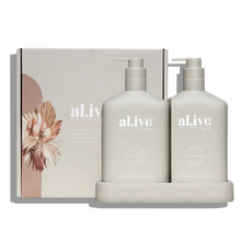 by Al.ive. Each Duo contains a 500ml hand & body wash, 500ml hand & body lotion and a matching tray.