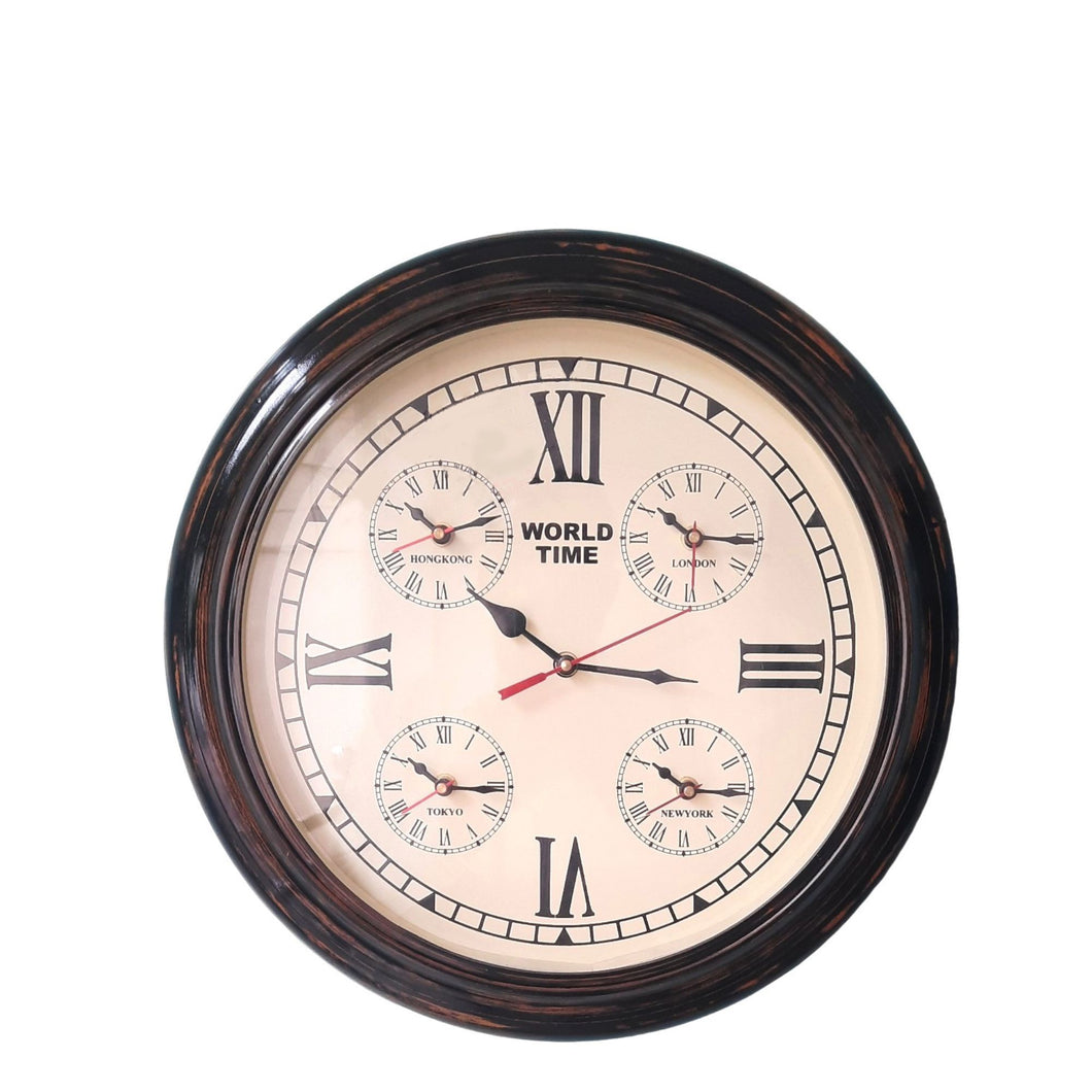 WALL CLOCK WORLD TIMER Perfect wall clock to keep you 'in time' with the international family or friends. Description Size: 40.0 X 40.0 X 5.0 CM. Colour: BLACK & CREAM Material: WOOD MDF & GLASS. Rosies Gifts, Mosgiel, Dunedin for your home decor needs.