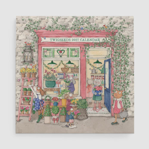 Twigseeds 2027 Calendar cover featuring a whimsical illustration of a flower shop with anthropomorphic animals, vines, and a stone wall background.