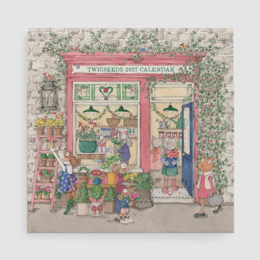 Twigseeds 2027 Calendar cover featuring a whimsical illustration of a flower shop with anthropomorphic animals, vines, and a stone wall background.