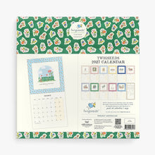 Twigseeds 2027 Calendar packaging, featuring a green border with white daisies and a sample monthly calendar page on the left, and a grid of 12 cover designs on the right.