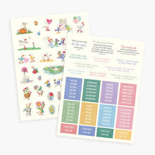 Two sheets of whimsical planner stickers featuring a vintage fairground illustration style. One sheet contains small illustrated stickers like pumpkins, a carousel, flowers, and fairground characters, while the other sheet features colorful labeled boxes for dates, bills, goals, and reminders.