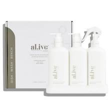 kitchen trio - lemon myrtle & honeydew by Al.ive Description Elevate your kitchen experience with our Lemon Myrtle & Honeydew Kitchen Trio in Crisp White. This set includes our Dishwashing Liquid, Bench Spray and Hand Wash. Rosies Gifts.