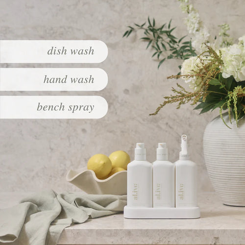 kitchen trio - lemon myrtle & honeydew by Al.ive Description Elevate your kitchen experience with our Lemon Myrtle & Honeydew Kitchen Trio in Crisp White. This set includes our Dishwashing Liquid, Bench Spray and Hand Wash. Rosies Gifts.